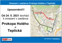 Omezení v zastávce Prokopa Holého a Teplická od 24. 5. 2021